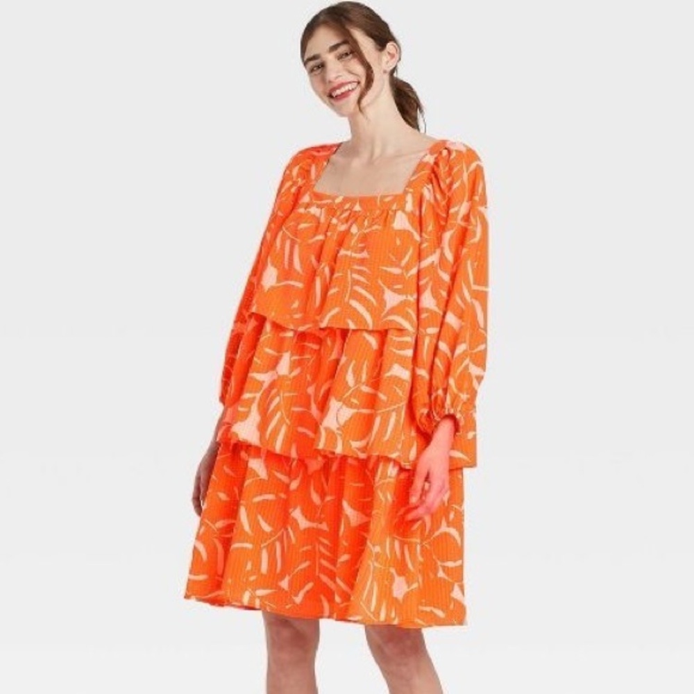 Vibrant Orange Leaf Print Dress